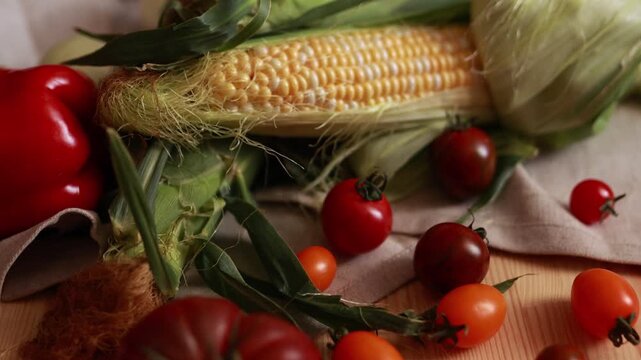 Top view of fresh corn cobs, dark tomato, cherry tomatoes, and red bell pepper on wood.