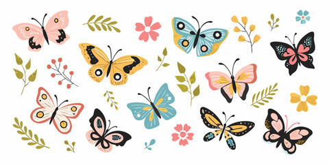 Colorful Butterfly And Floral Vector Illustration Set On White Background © Sujal