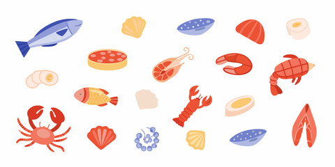 Seafood And Marine Life Vector Illustration On White Background © Sujal