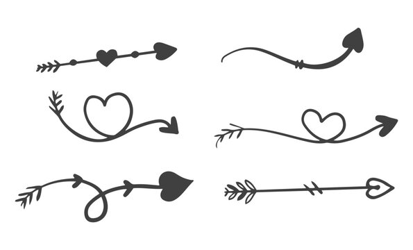 Hand Drawn Heart Arrow Collection, Romantic Love Arrow Elements, Valentine Decorative Arrow Vector Set
