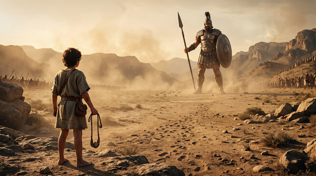 Young David facing the giant Philistine Goliath with a simple sling. Biblical story of courage, faith, and overcoming impossible odds