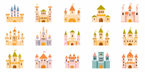 Colorful cartoon castle illustrations on a white background © Sujal
