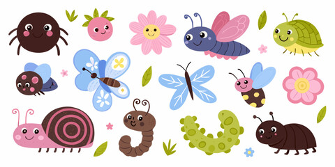 Cartoon Garden Insects And Bugs Collection Colorful Vector Illustration © Sujal