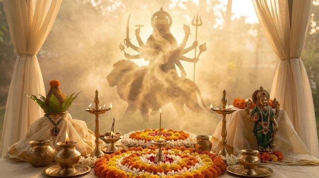 Goddess Durga silhouette appearing in sacred golden mist during festival