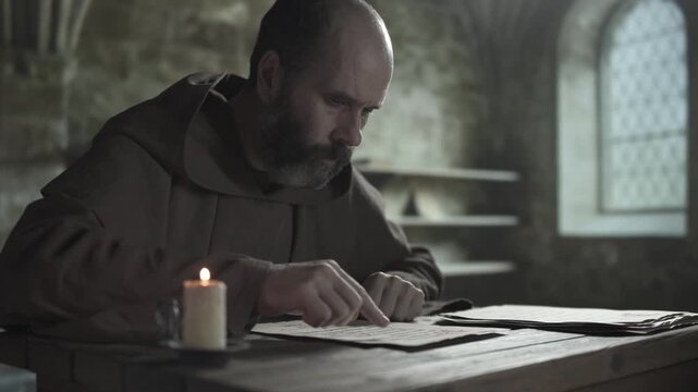 Medieval copyist studying parchment with Latin script while guiding a finger along text lines next to a pile of manuscripts, with a window in the blurred background inside a dark scriptorium