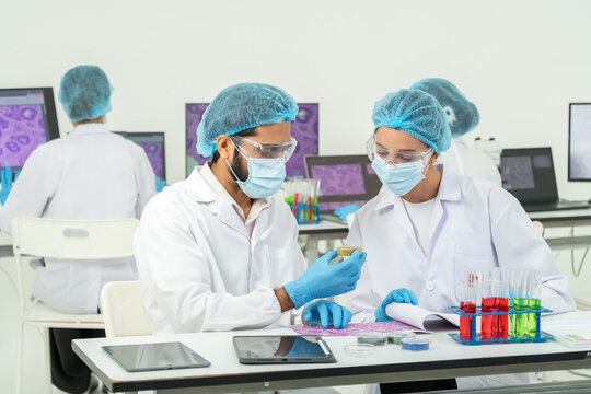 Researchers in masks and hairnets inspecting a small specimen together at a bench with test tubes and petri dishes, lab teamwork in bright room.