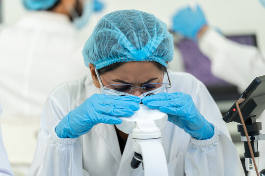 Young woman in hairnet, glasses and gloves looking through a microscope eyepiece, colleagues working behind, focused analysis in bright lab.
