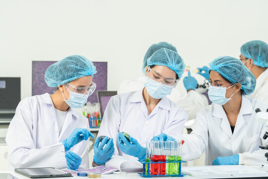 Women in masks, goggles and hairnets examining samples and a rack of red and green test tubes at the bench, science teamwork in bright laboratory.