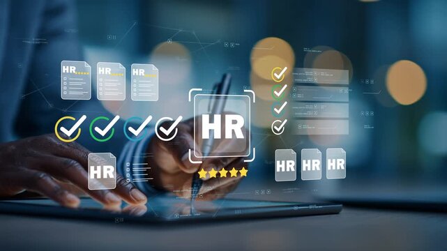 Black business professional reviewing HR compliance documents with animated employee management icon, approval checklist, personnel records and digital workforce management platform