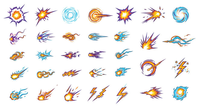 Comprehensive collection of cartoon magic spells including explosions fireballs lightning bolts and energy orbs for game development.