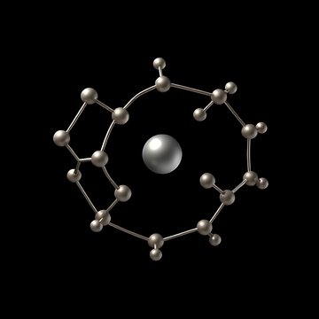 Spherical Molecular Cage Surrounding Central Atom on Black Background