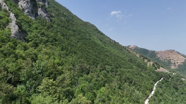 Montagne verdi ricoperte da foreste dense con vallate naturali e una strada sterrata che attraversa i pendii, sotto un cielo limpido