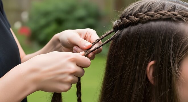 Hands braiding hair of a woman outdoors in a professional salon style