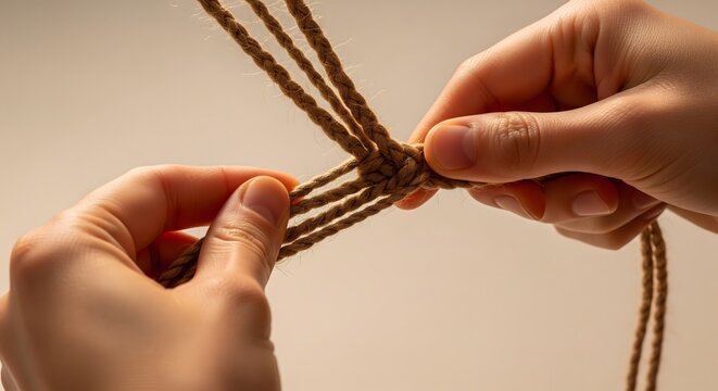 Hands braiding natural jute ropes together for DIY crafting project