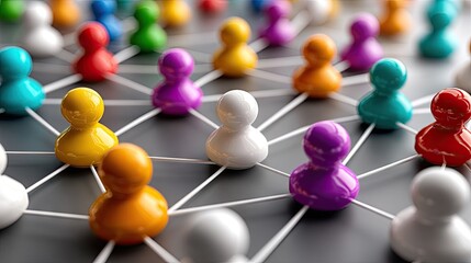 Obraz premium Diverse group of colorful figures connected by network lines representing community and communication