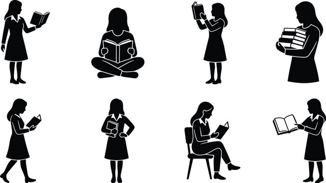 Collection of black silhouettes of women reading books in various poses on a white background, for education