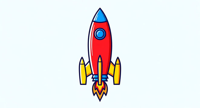 A colorful cartoon rocket ship blasting off into the sky