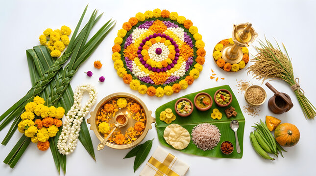 Overhead view of onam sadya meal with flowers and fresh ingredients.