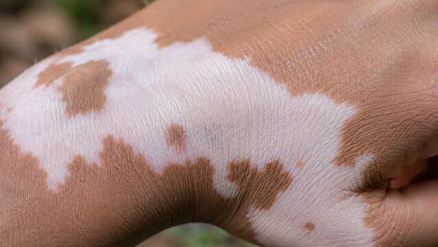 Vitiligo depigmented skin patches on back of hand