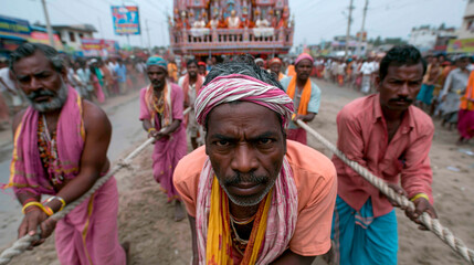 Fototapeta premium A group of men pulling a chariot with a rope during a religious procession. The men are dressed in traditional attire and appear focused on their task