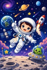 Naklejka premium Cute Astronaut Exploring Space with Alien UFO and Rocket Cartoon