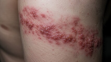 Fototapeta premium Shingles virus rash with clustered blisters on skin