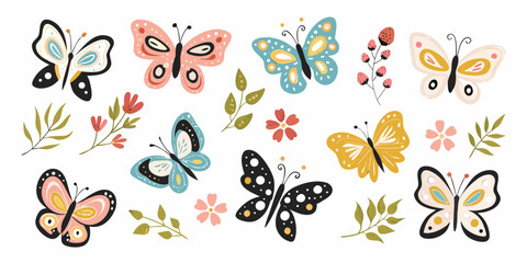 Colorful Butterfly Illustration Set With Floral Elements On White Background © Dipa