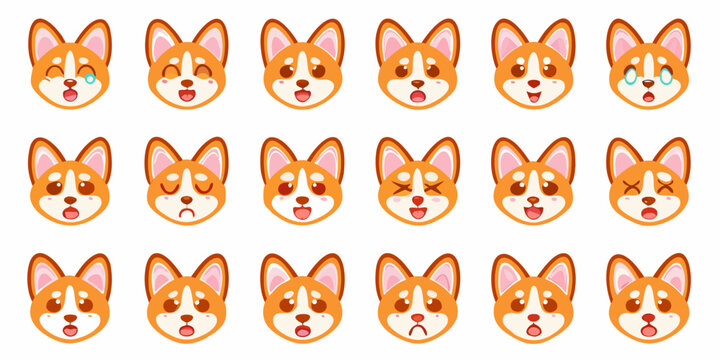 Corgi face vector illustrations assorted expressions on a white background