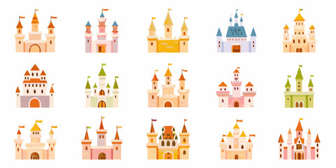 Colorful Cartoon Castles Illustration Set On White Background © Dipa