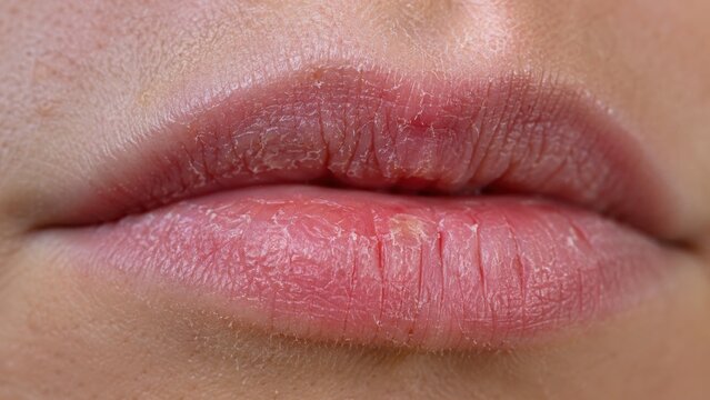 Extreme macro of dry chapped lips with cracked skin texture