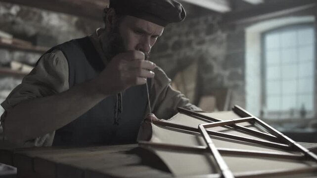 Medieval craftsman hemming linen fabric on an ornithopter wing at a rustic table inside a workshop with stone walls