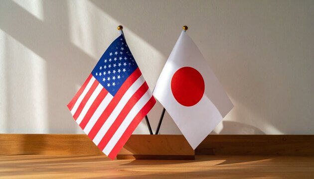 Two flags stand united, Japan and the United States, representing friendship, cultural exchange, and shared values, as golden bases anchor their partnership in peace and progress.