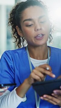 Frustrated, nurse or multitasking with technology in hospital for demanding colleagues or pressure. Female person, overwhelmed or busy worker with group tasks or chaos for overworked strain in office