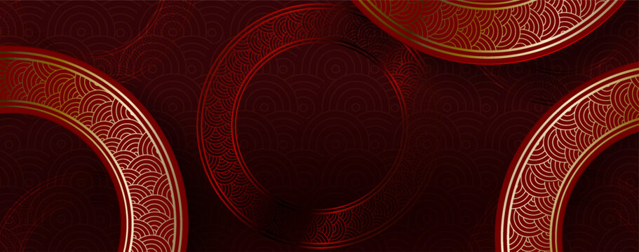 Stunning burgundy illustration with round Chinese floral patterns.