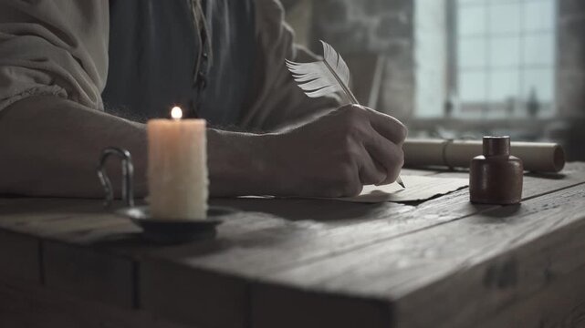 Hands of a medieval inventor writing cursive text with a quill pen on parchment paper next to a lit candle and a ceramic inkwell inside a master studio
