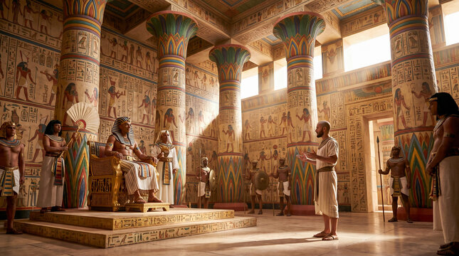 Joseph interpreting Pharaoh's prophetic dreams in the grand Egyptian palace. Seven fat cows and seven lean cows concept