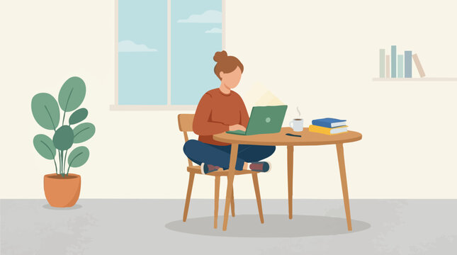 Young woman working on laptop at home, remote work or online learning