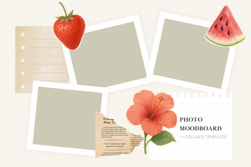 Obraz premium Collage template moodboard with photo frame fruit flower paper layout scrapbook