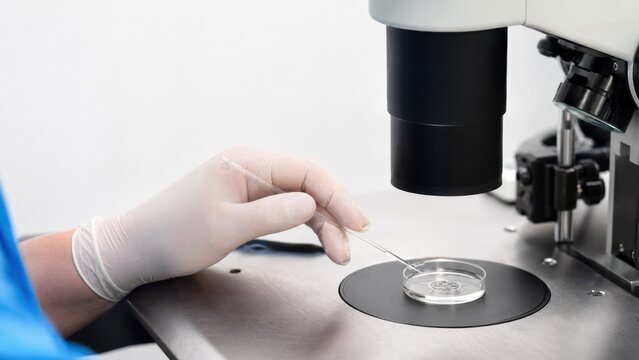 Embryologist grading blastocyst under inverted microscope