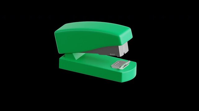 3D green stapler pressing and binding a metal staple in a 4K looping animation with transparent background, perfect for back-to-school, office stationery, and educational presentation concepts.
