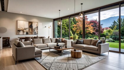 Fototapeta premium Modern Luxury Living Room Interior with Floor-to-Ceiling Windows and Autumn Garden View