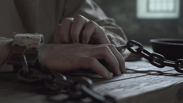 Close up of medieval prisoner hands locked in iron shackles, the left hand scratching the right hand on a wooden table inside a dark confinement cell.