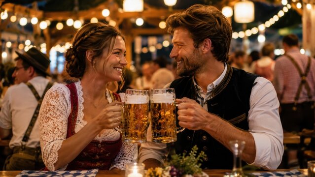 Couple toasting with beer steins at romantic Oktoberfest