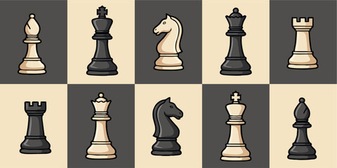 Chess Pieces Vector Set on Checkered Background. © Pranandito Wisnu