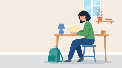 Fototapeta premium Minimalist illustration of a person reading a book at a desk in a cozy room