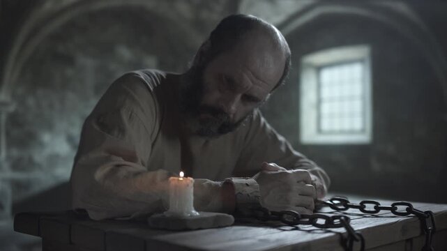Chained dungeon prisoner looking at a burning candle, blowing it out and staring at a smoking wick while sitting at a rustic wooden table, inside a dark stone cell