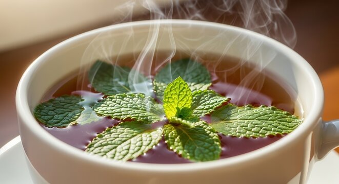 steaming mint tea in a cup