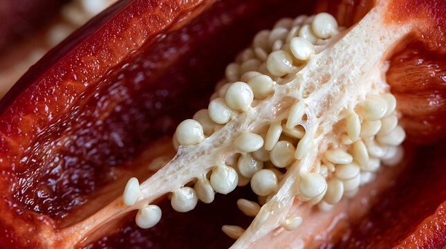 Macro Close-up of Red Pepper Interior Showing White Seeds and Pith Texture