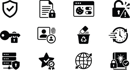 Fototapeta premium Data Privacy and Protection Compliance Icon Set with Security Breach Encryption Key Policy and User Permission Symbols vector design