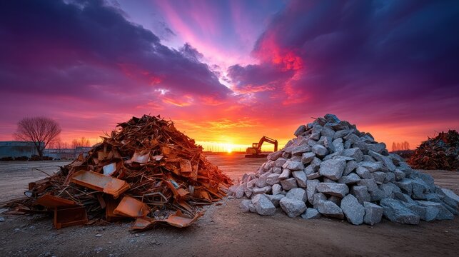 Industrial waste piles at sunset with dramatic sky